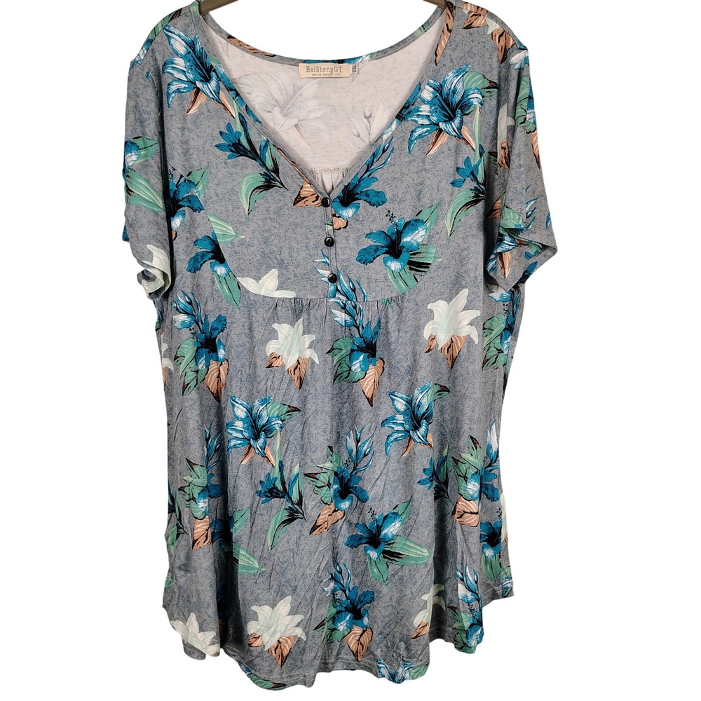 Womens 2XL BaiShengGT Floral Henley Top Grey Rayon Tropical Boho Summer SZ 2XL